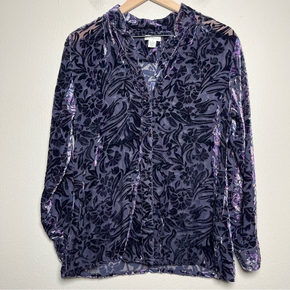 VTG‎ Women Velvet Burnout Button Down Top Small Purple Paisley Floral - Picture 1 of 9